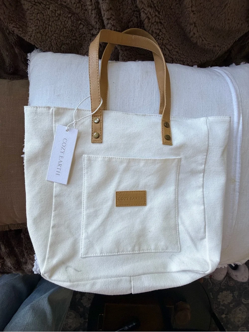 NWT Cozy Earth Canvas Tote Bag Cream Tan Leather Trim Large